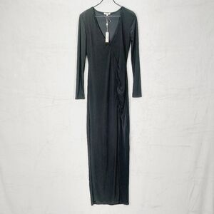 NEW Max Studio Black Ruched V-Neck Long Sleeve Midi Dress P5348